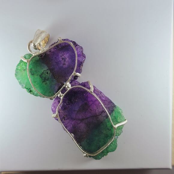 Titanium Druzy Pendant Sterling Silver Green Purple Crystal Slice 3" - Picture 4 of 10